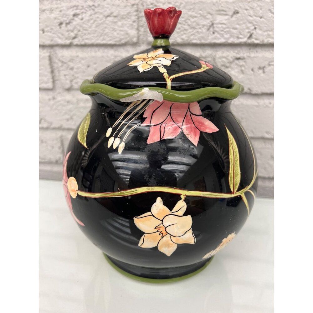April Cornell Certified International Black Floral Canister 8in With Lid